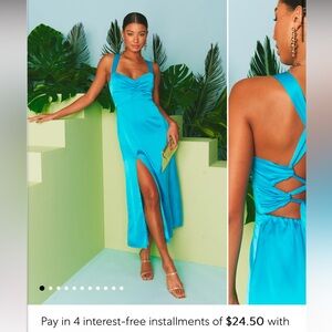 Show Me Your Mumu Mina Midi Dress Teal Luxe Satin